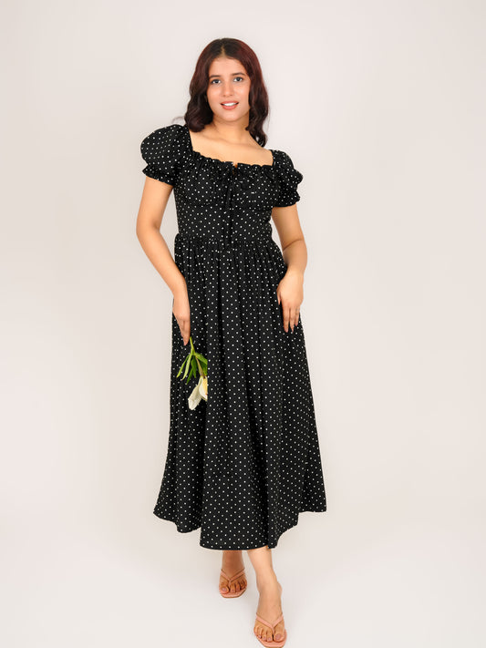 MONOMEE SIERRA BLACK POLKA DOT MAXI DRESS