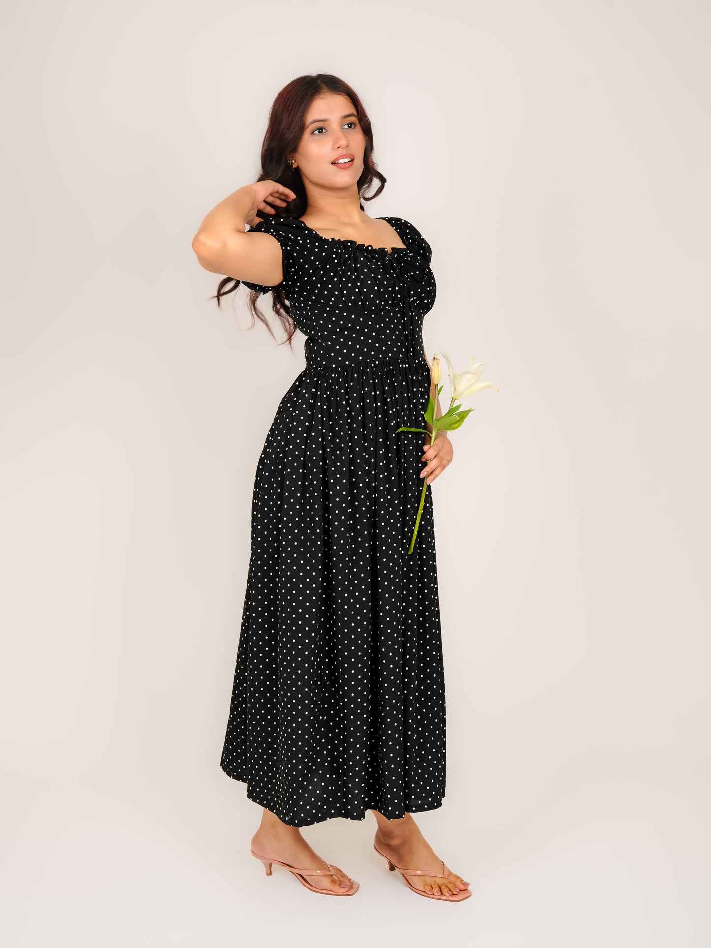 MONOMEE SIERRA BLACK POLKA DOT MAXI DRESS