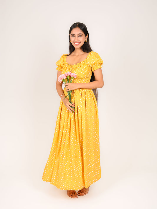 MONOMEE LIA YELLOW POLKA DOT MAXI DRESS