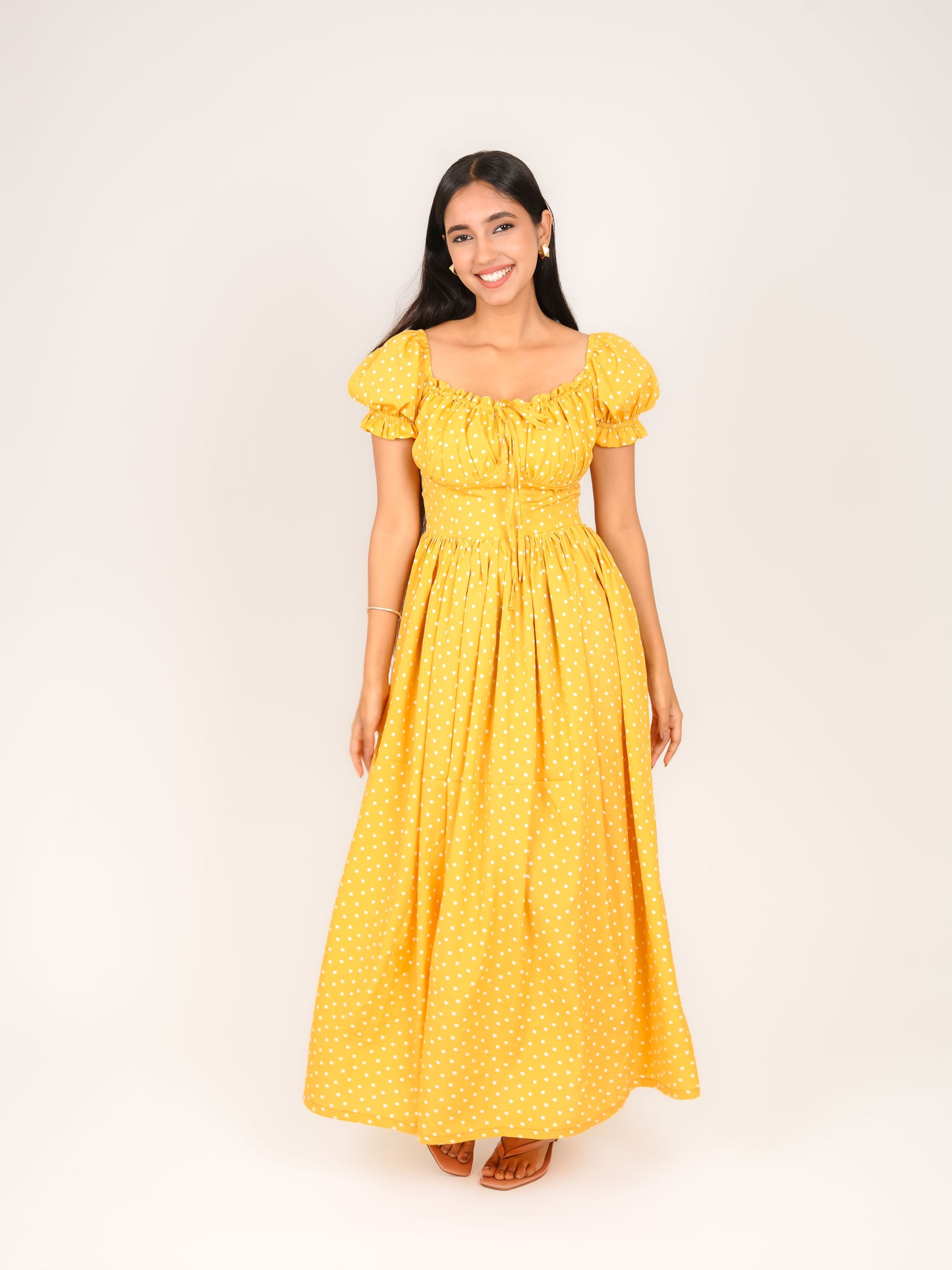 MONOMEE LIA YELLOW POLKA DOT MAXI DRESS