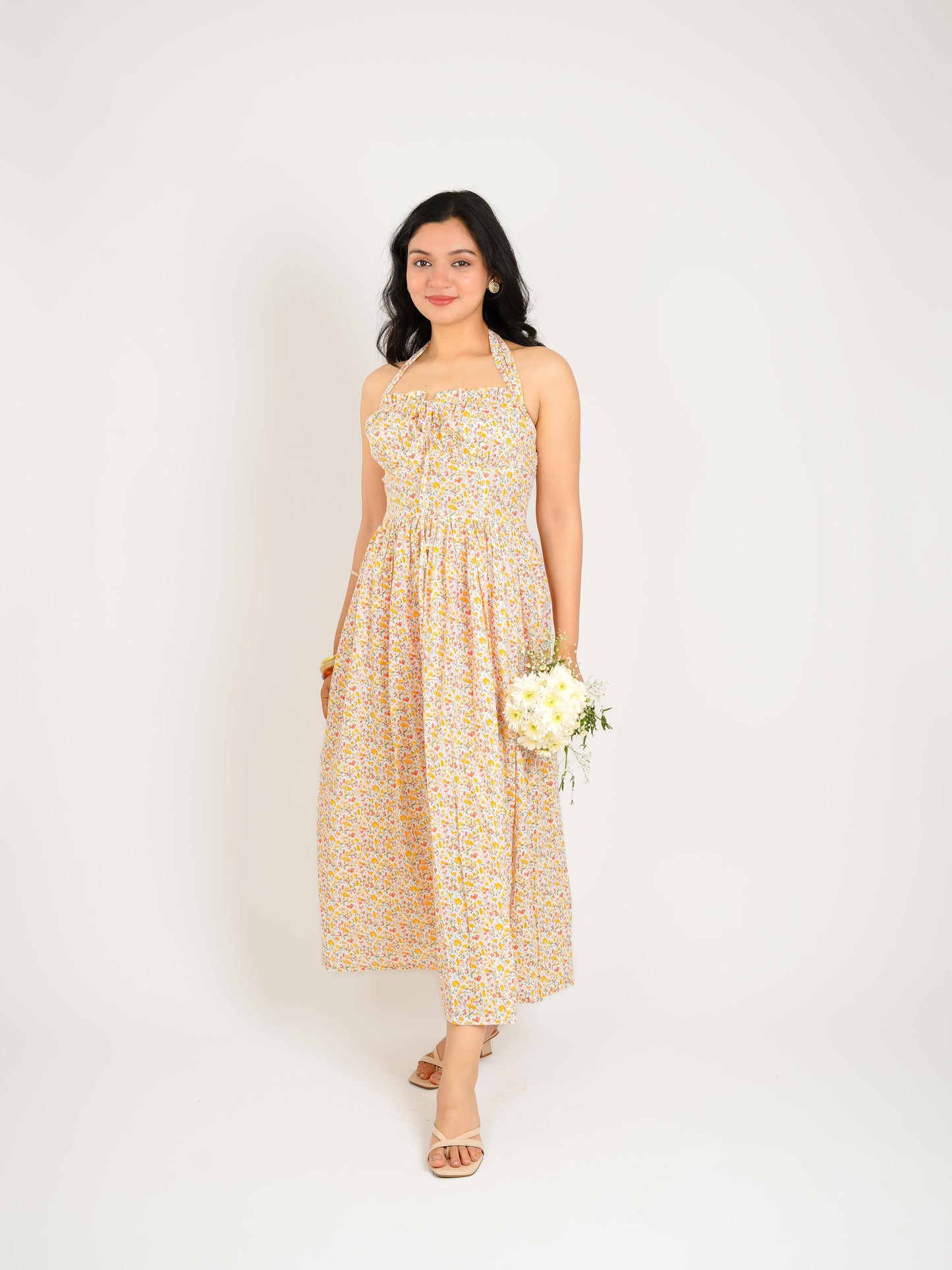 MONOMEE AVA ORANGE FLORAL HALTER MIDI DRESS