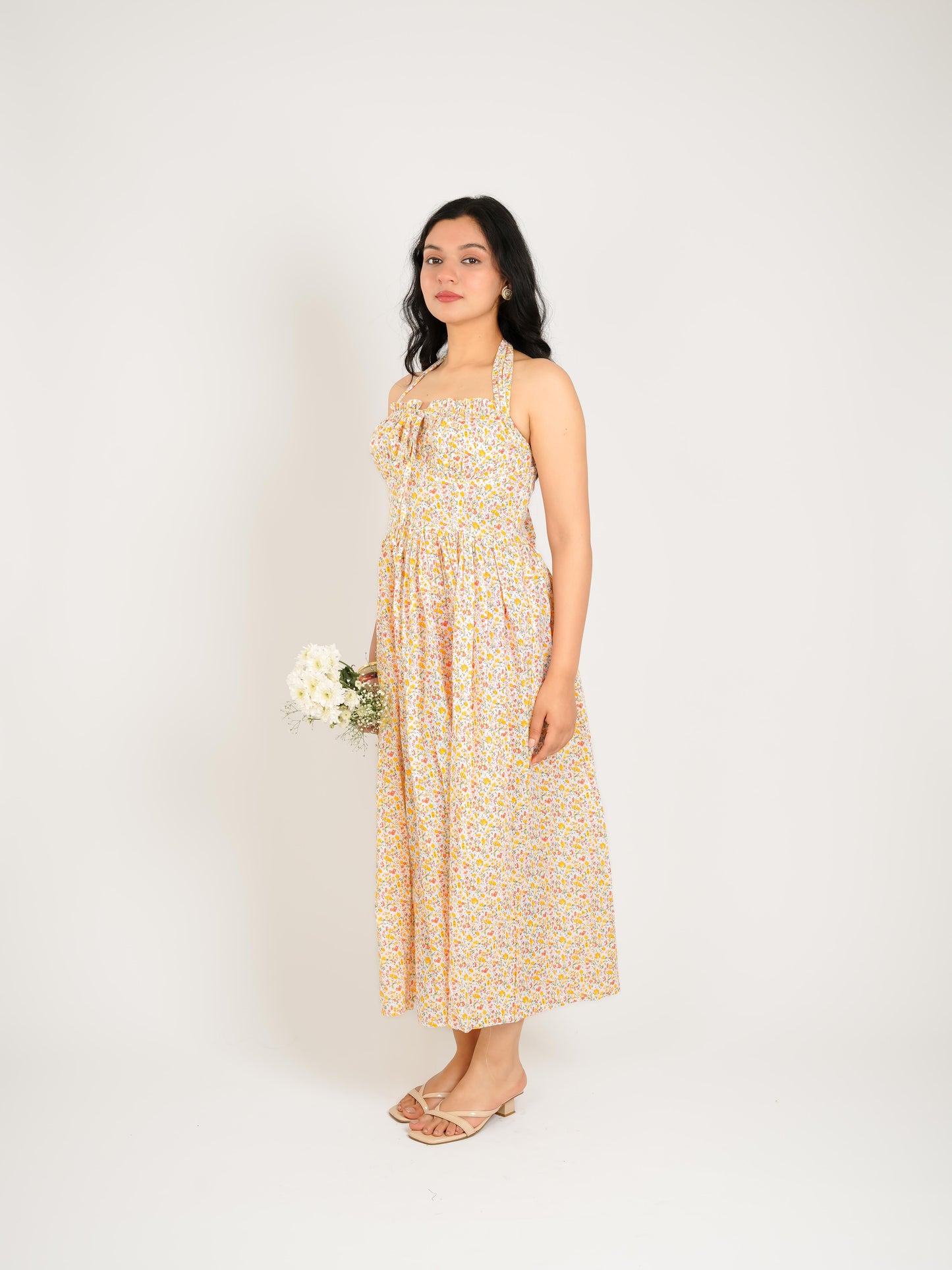 MONOMEE AVA ORANGE FLORAL HALTER MIDI DRESS