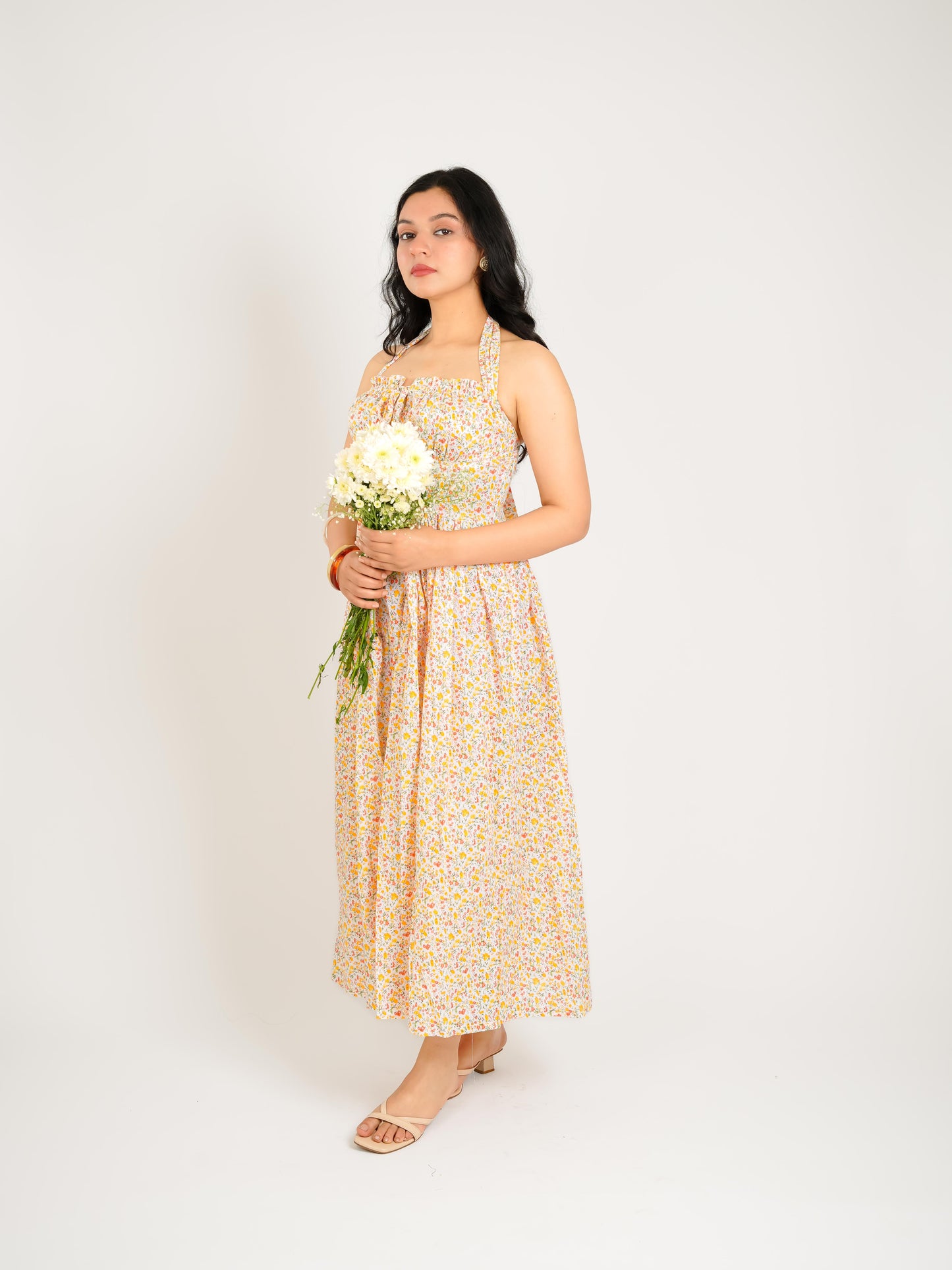 MONOMEE AVA ORANGE FLORAL HALTER MIDI DRESS