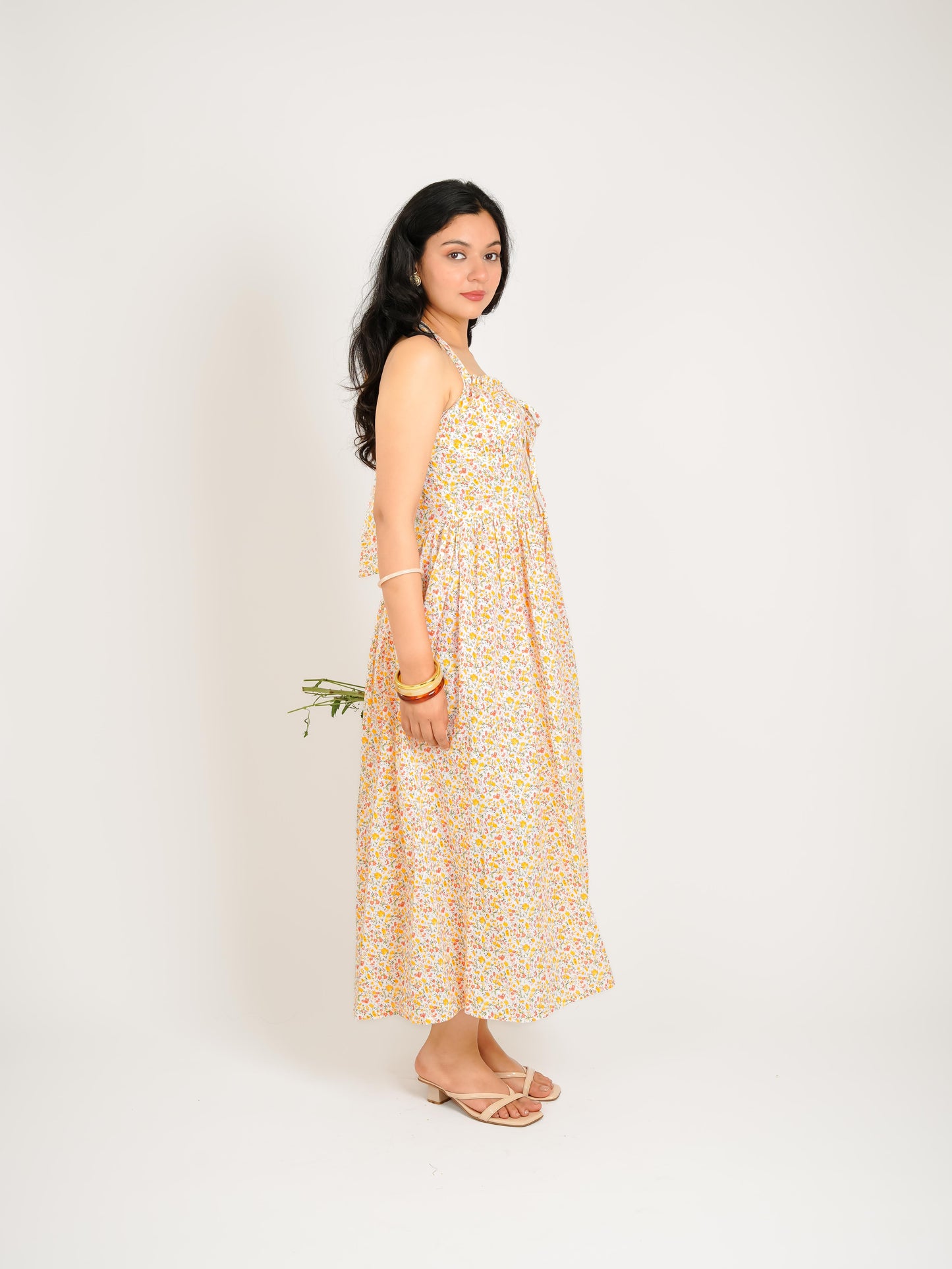 MONOMEE AVA ORANGE FLORAL HALTER MIDI DRESS