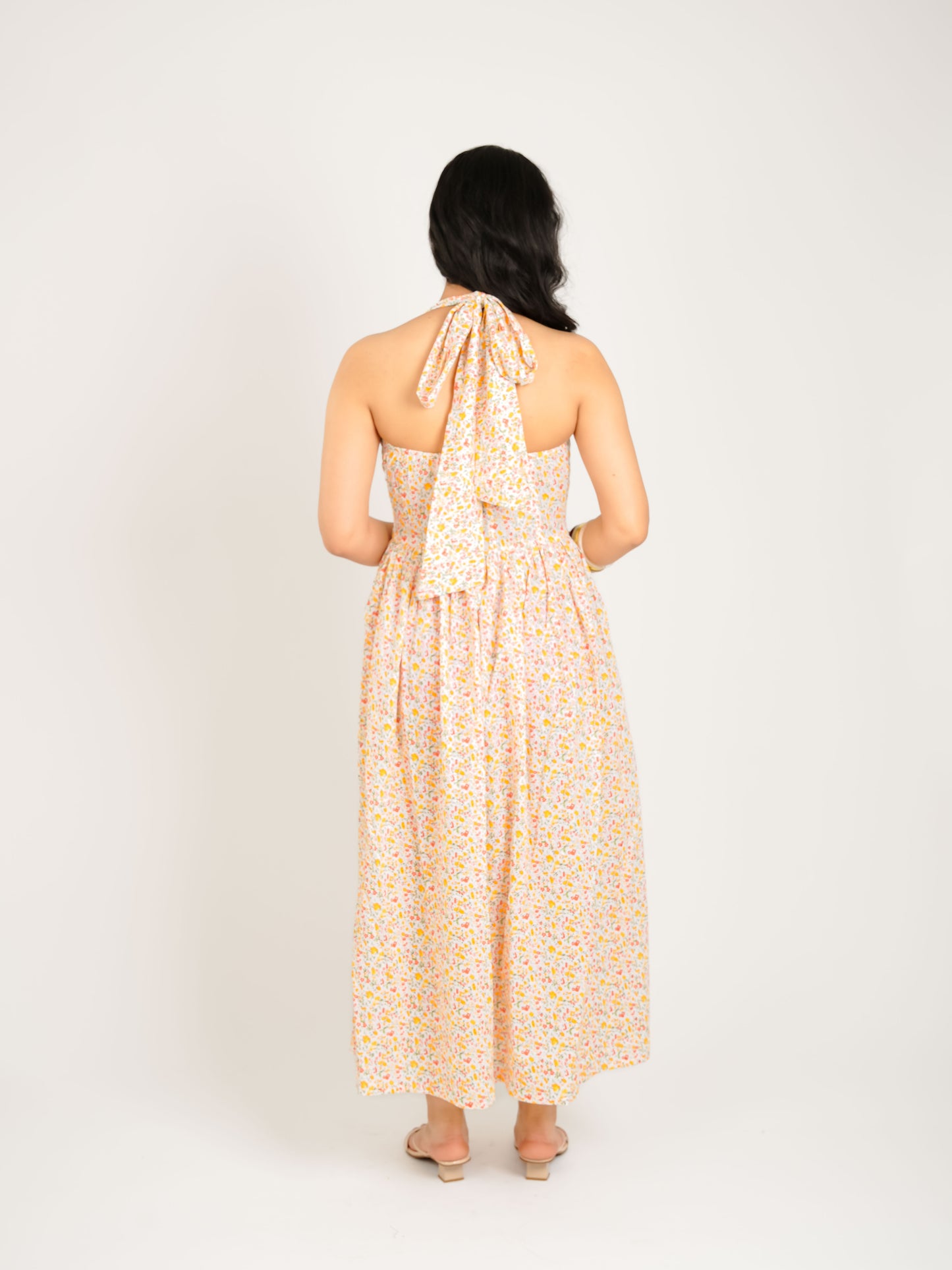 MONOMEE AVA ORANGE FLORAL HALTER MIDI DRESS