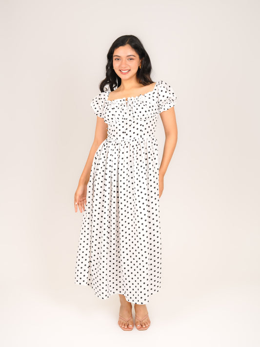 MONOMEE RAPHAELLA WHITE POLKA DOT MAXI DRESS