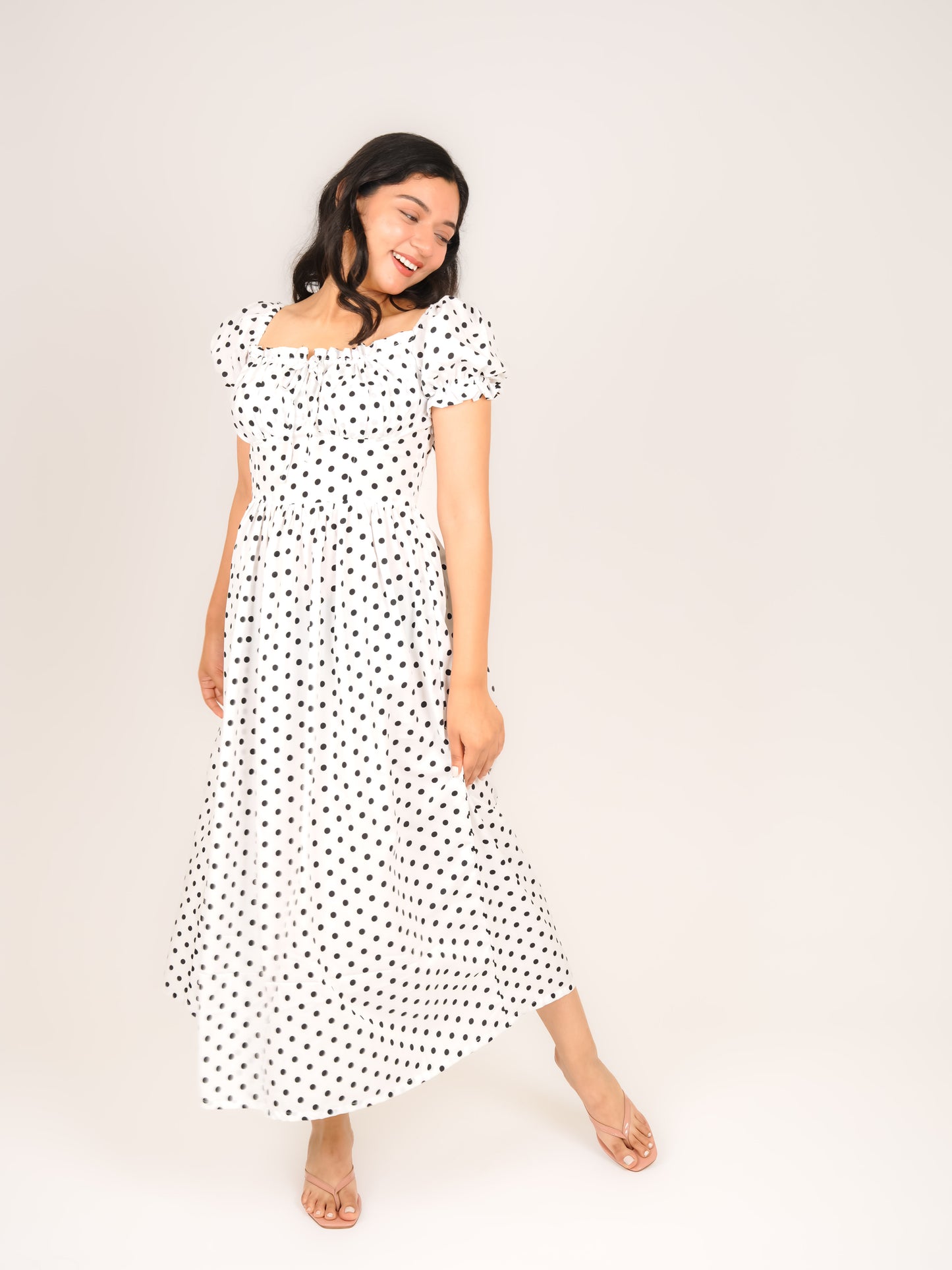 MONOMEE RAPHAELLA WHITE POLKA DOT MAXI DRESS