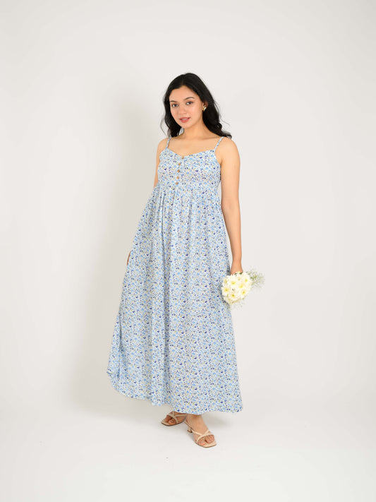 MONOMEE PHOEBE BLUE FLORAL BACKLESS DRESS