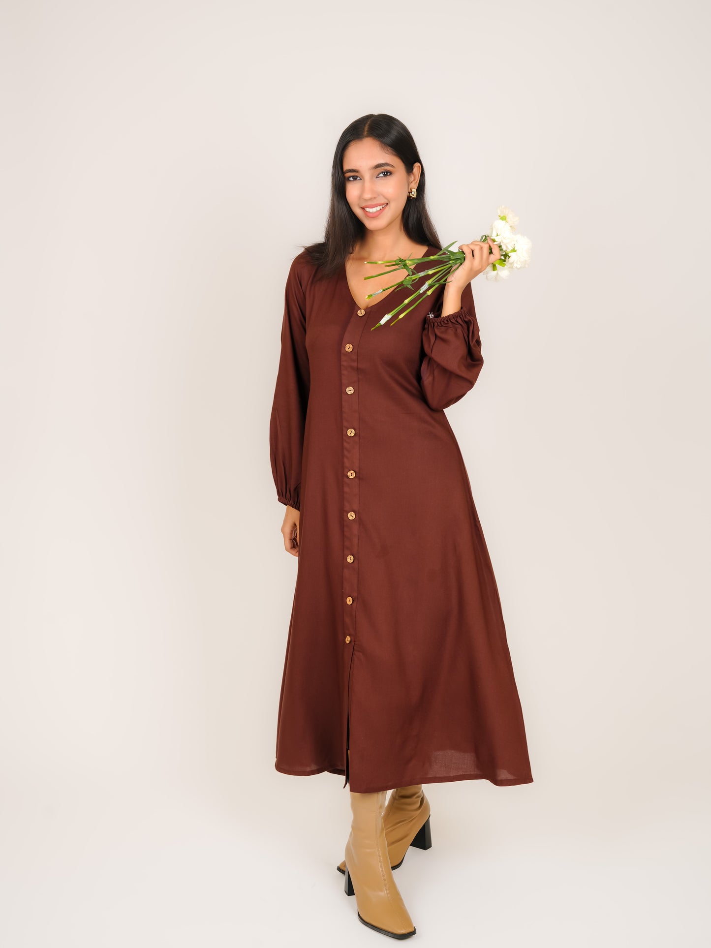 MONOMEE GEORGIA BROWN RAYON MIDI DRESS