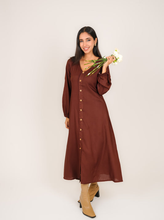 MONOMEE GEORGIA BROWN RAYON MIDI DRESS