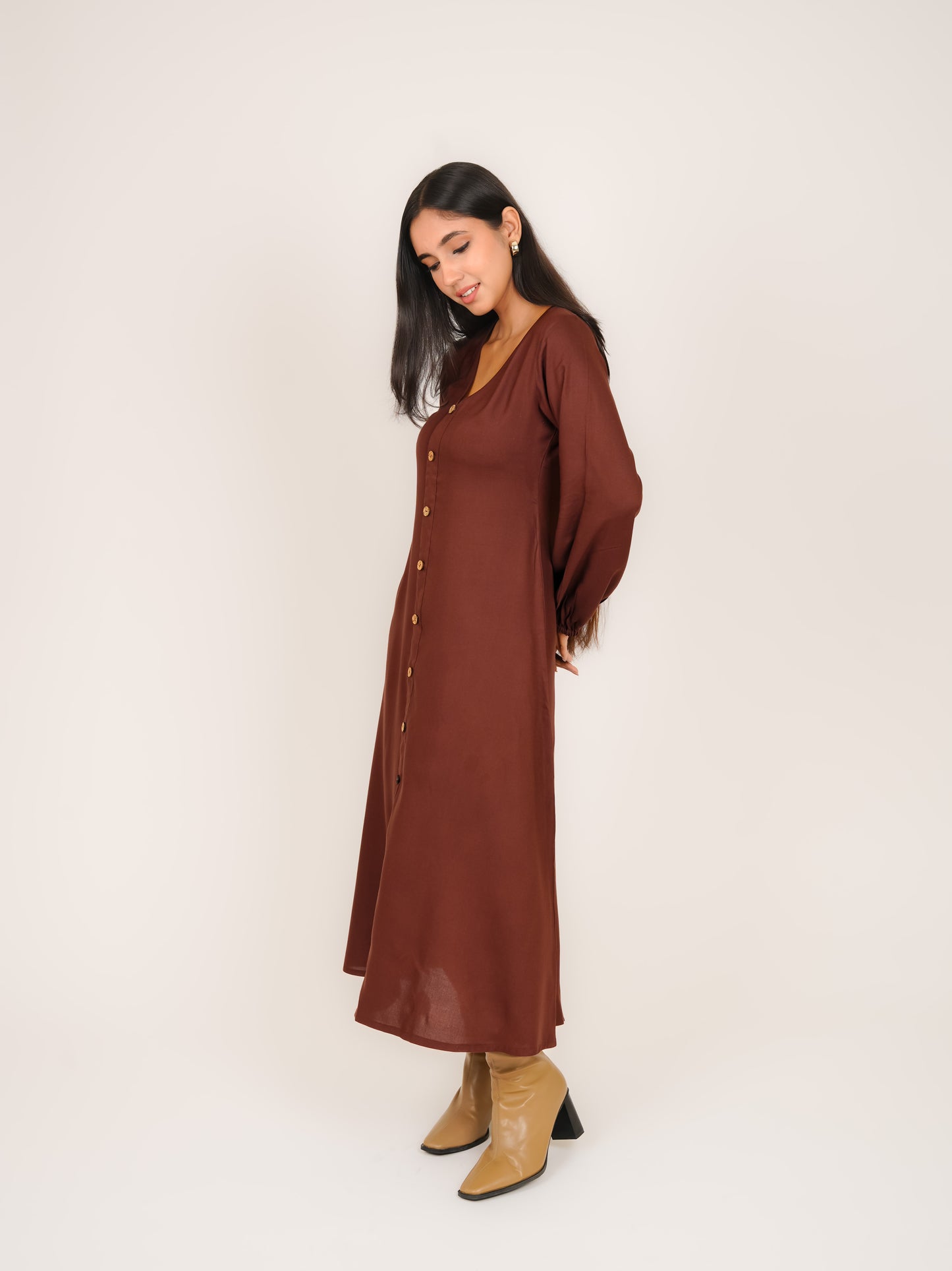 MONOMEE GEORGIA BROWN RAYON MIDI DRESS