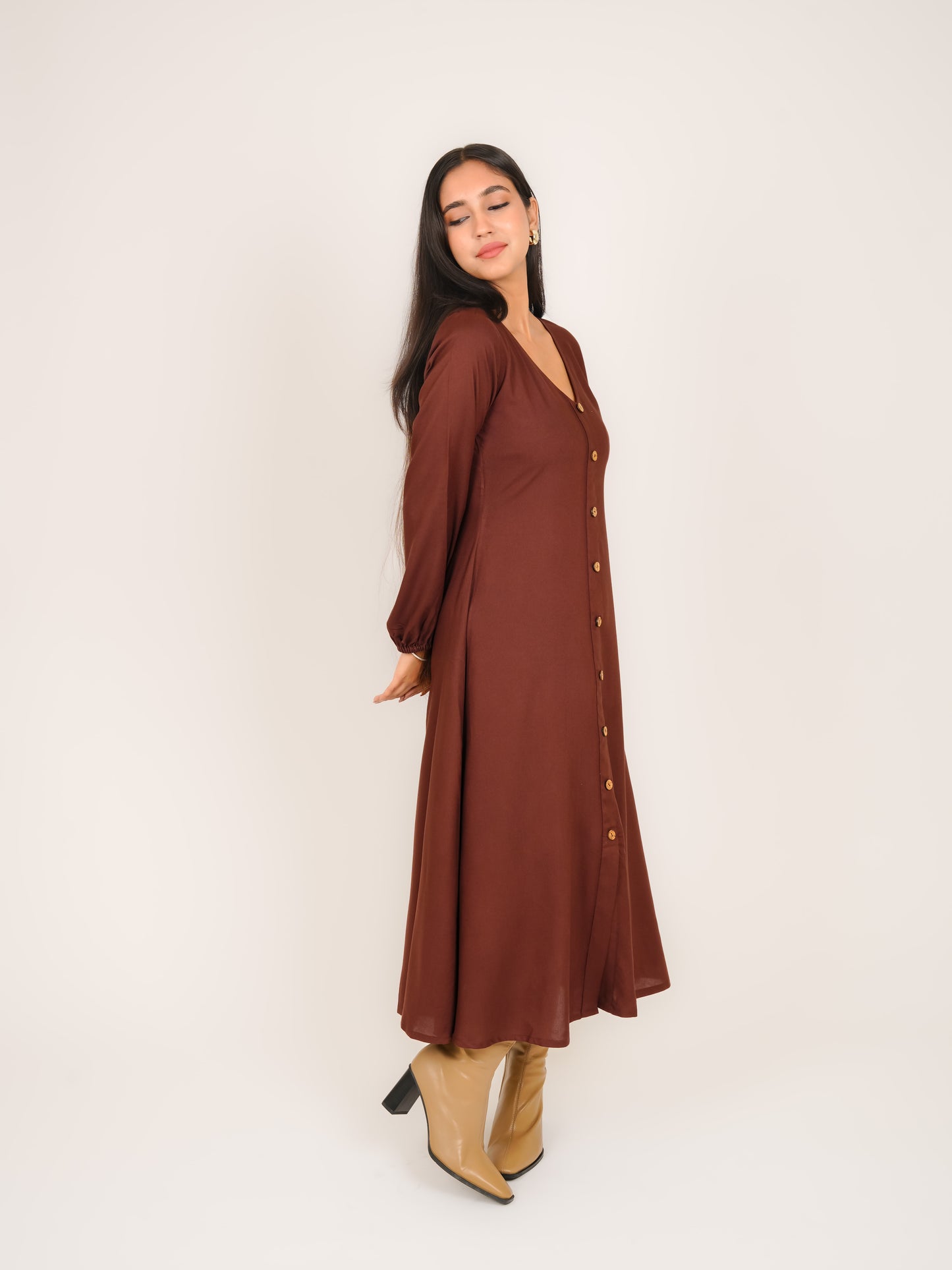 MONOMEE GEORGIA BROWN RAYON MIDI DRESS