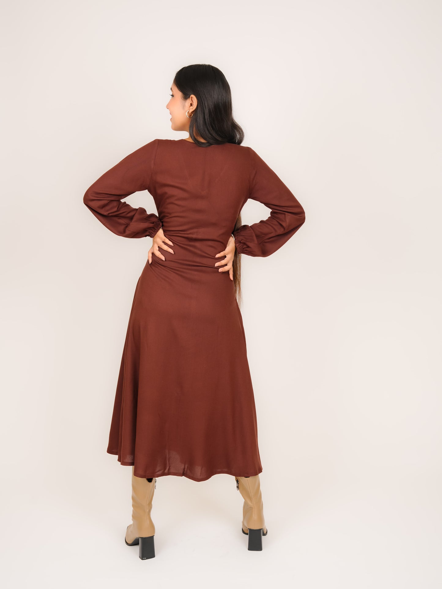 MONOMEE GEORGIA BROWN RAYON MIDI DRESS