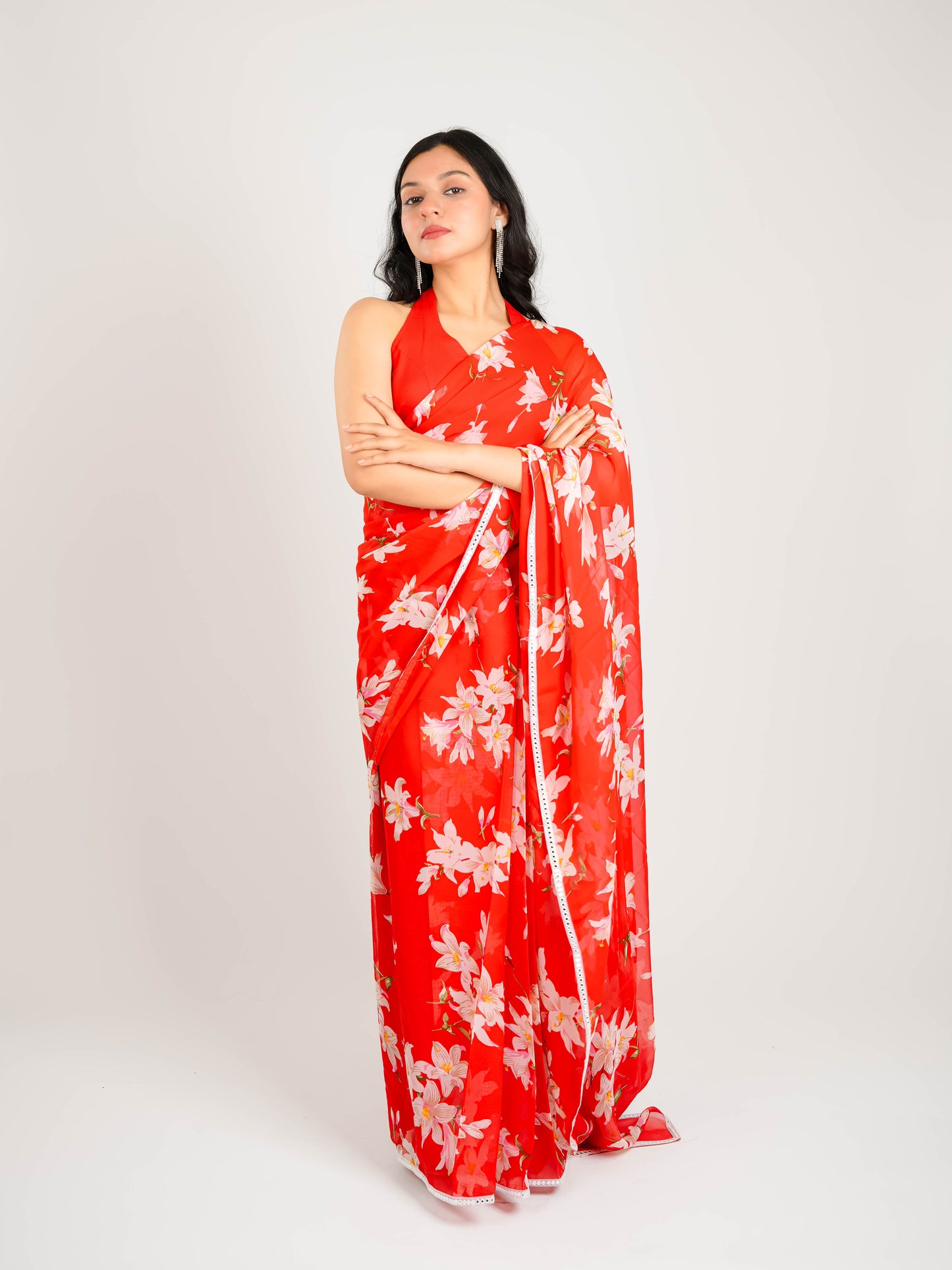 MONOMEE MISHKA RED FLORAL PRINTED PRE-DRAPED GEORGETTE SAREE WITH BLOUSE
