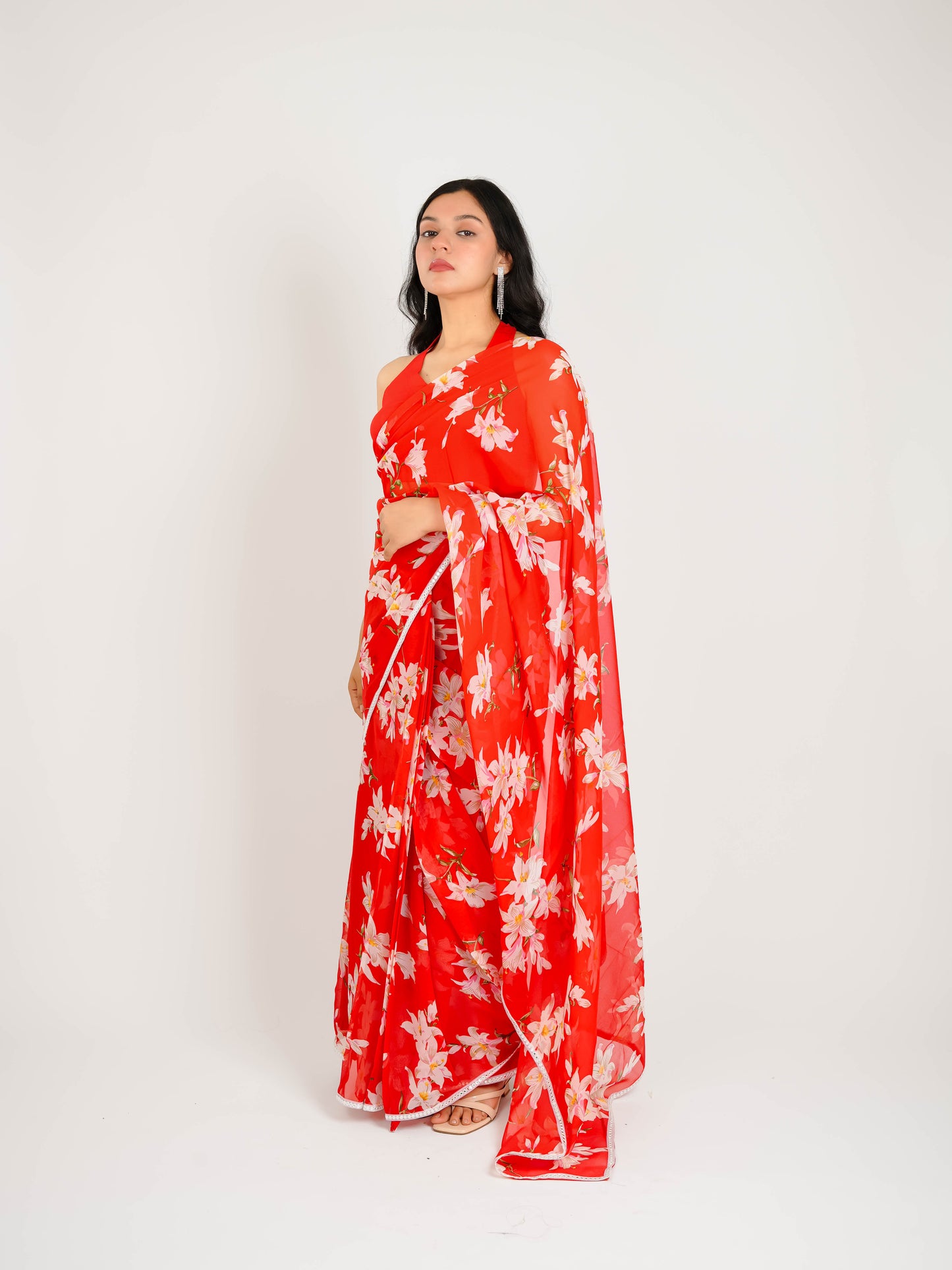 MONOMEE MISHKA RED FLORAL PRINTED PRE-DRAPED GEORGETTE SAREE WITH BLOUSE