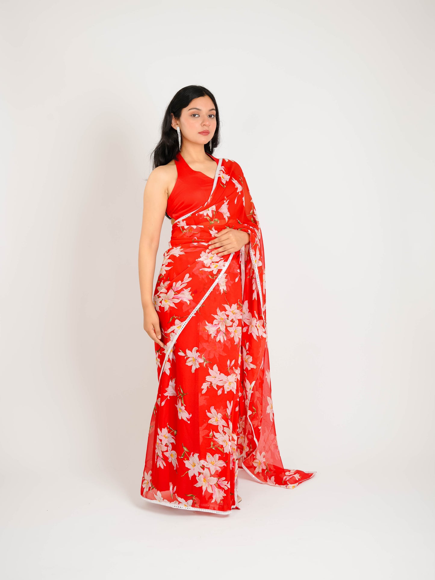 MONOMEE MISHKA RED FLORAL PRINTED PRE-DRAPED GEORGETTE SAREE WITH BLOUSE