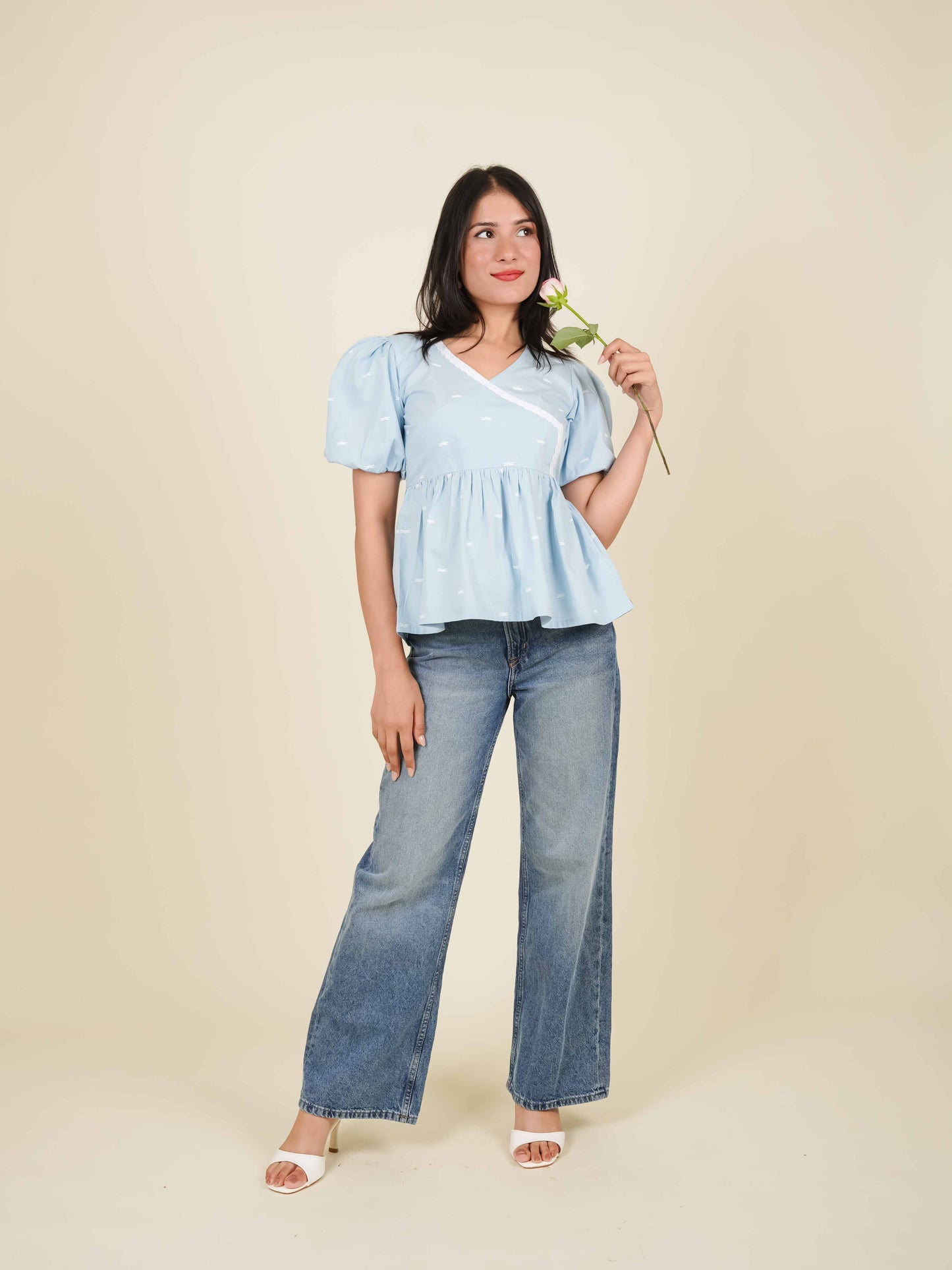 MONOMEE HAZEL DRAGONFLY PUFF SLEEVE PEPLUM TOP