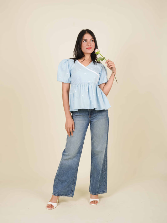 MONOMEE HAZEL DRAGONFLY PUFF SLEEVE PEPLUM TOP