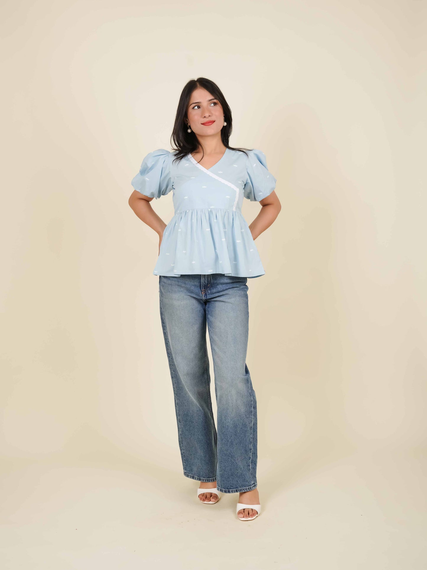 MONOMEE HAZEL DRAGONFLY PUFF SLEEVE PEPLUM TOP