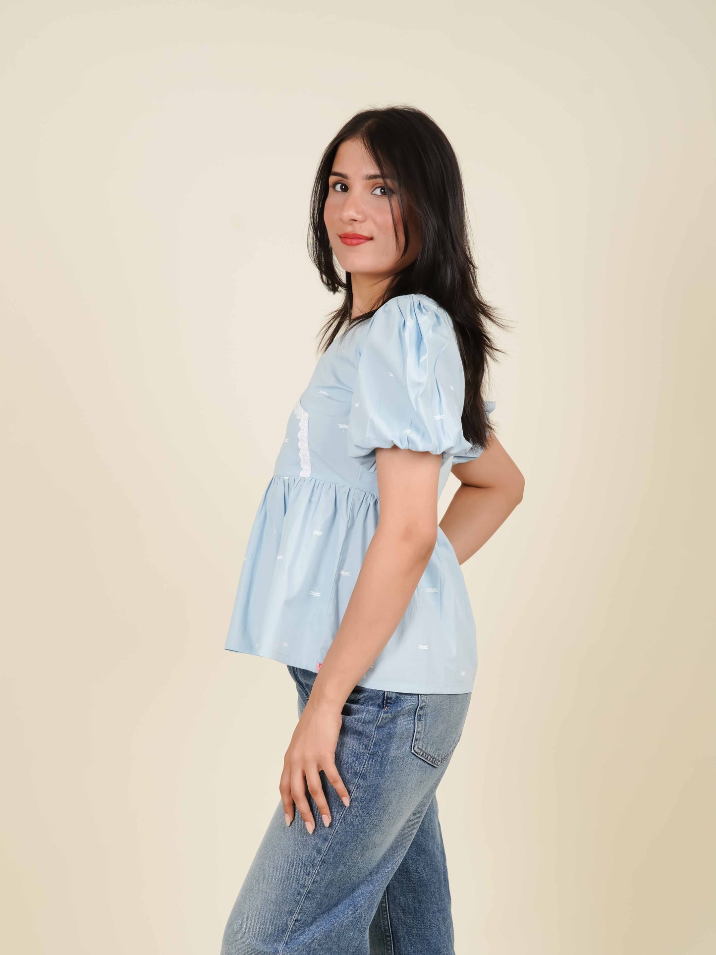 MONOMEE HAZEL DRAGONFLY PUFF SLEEVE PEPLUM TOP