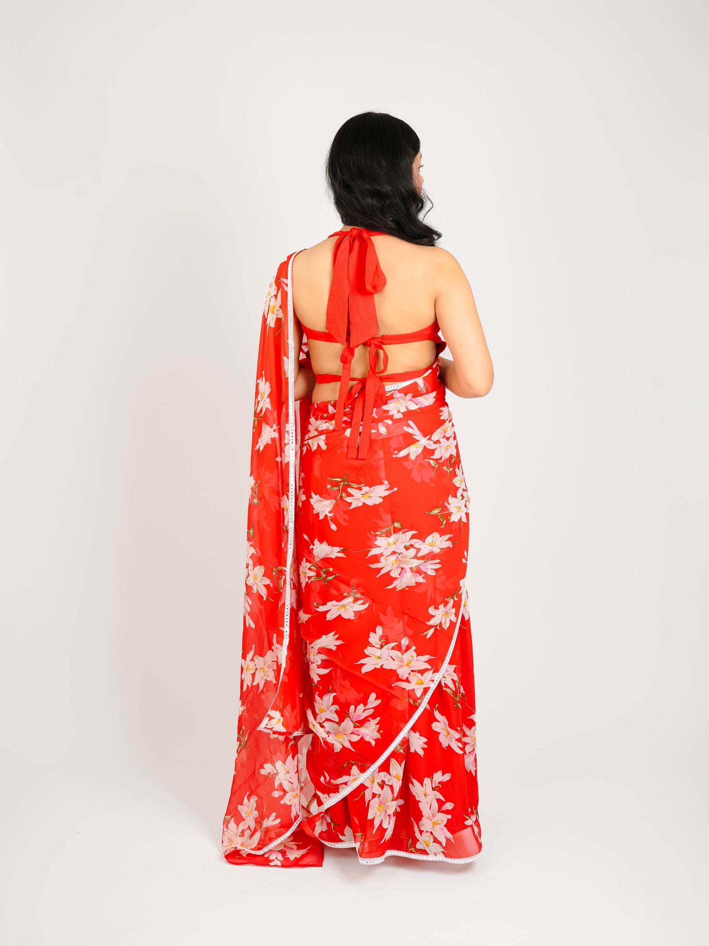 MONOMEE MISHKA RED FLORAL PRINTED PRE-DRAPED GEORGETTE SAREE WITH BLOUSE