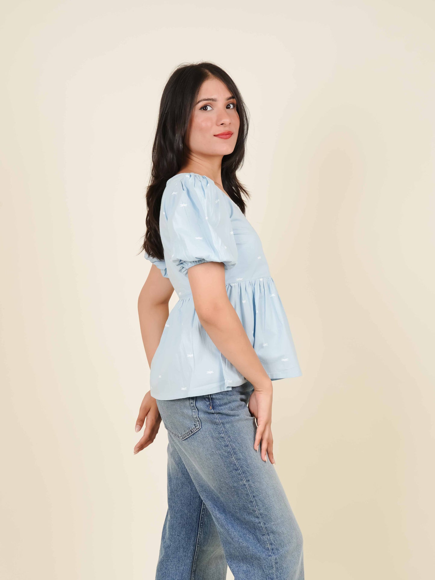 MONOMEE HAZEL DRAGONFLY PUFF SLEEVE PEPLUM TOP