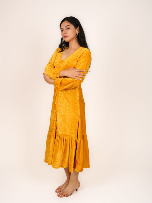 MONOMEE SEREN YELLOW MIDI VELVET DRESS
