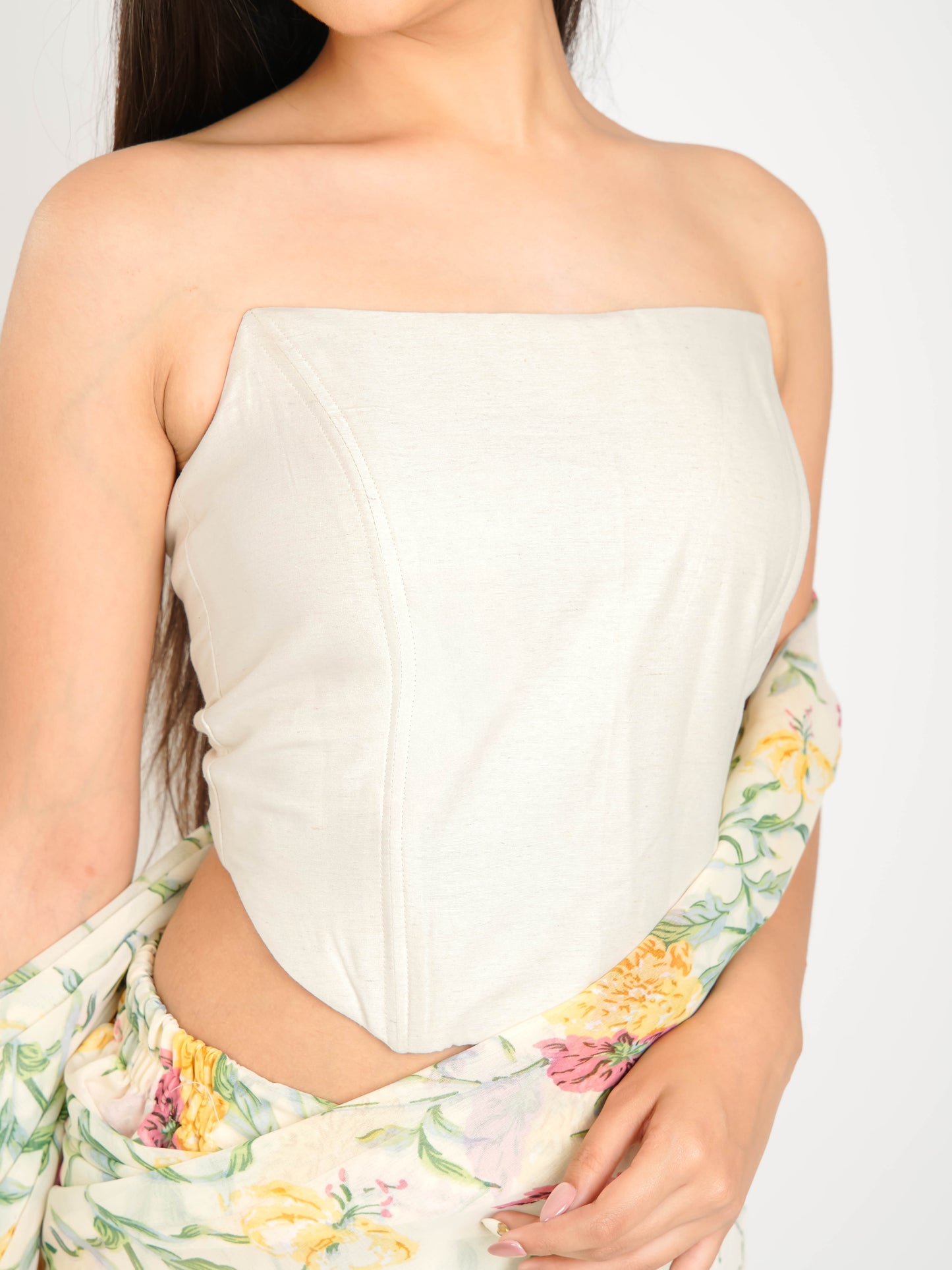 MONOMEE KEYA OFF-WHITE FLORAL PRINTED PRE-DRAPED GEORGETTE SAREE WITH CORSET BLOUSE