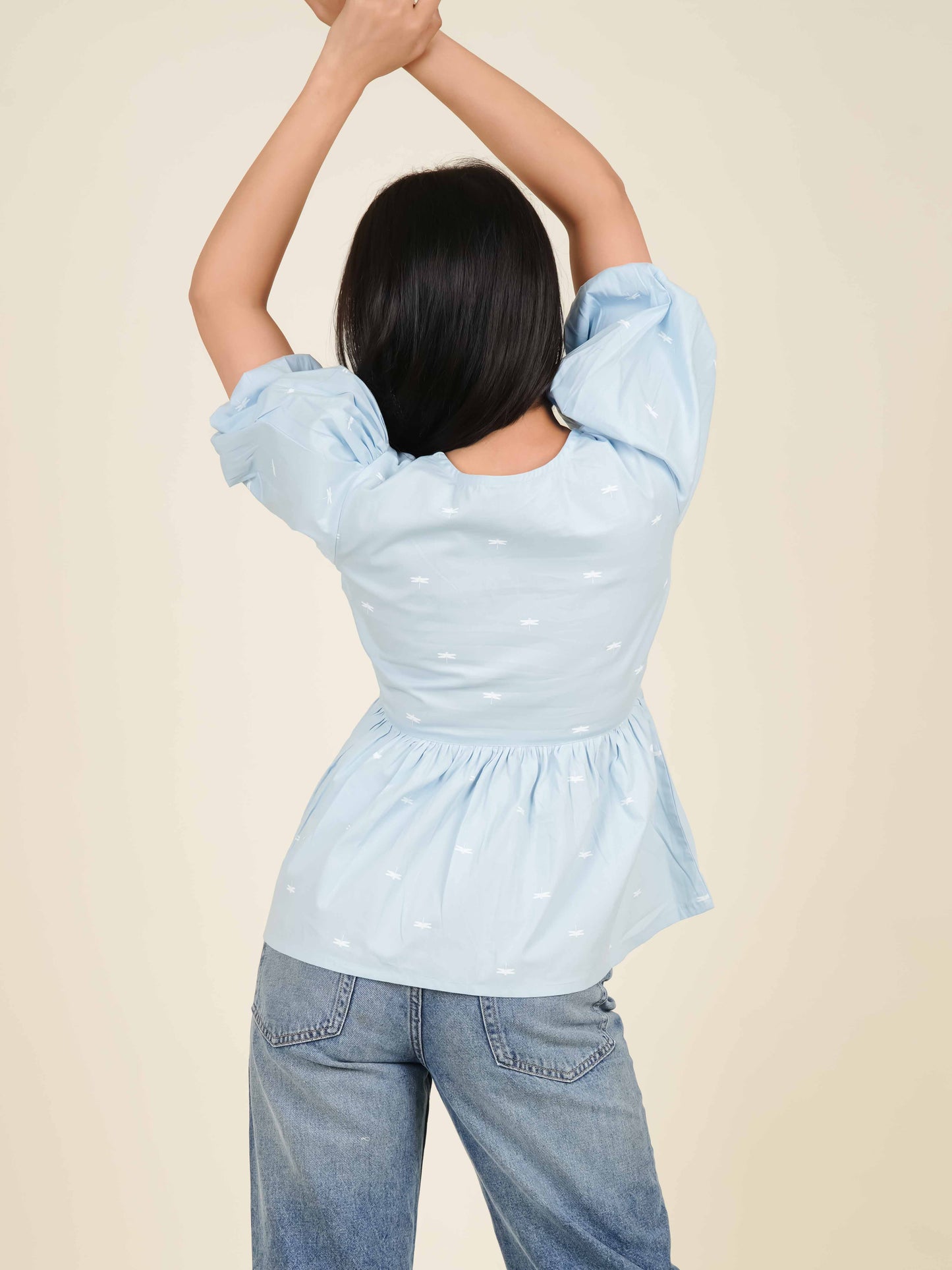 MONOMEE HAZEL DRAGONFLY PUFF SLEEVE PEPLUM TOP