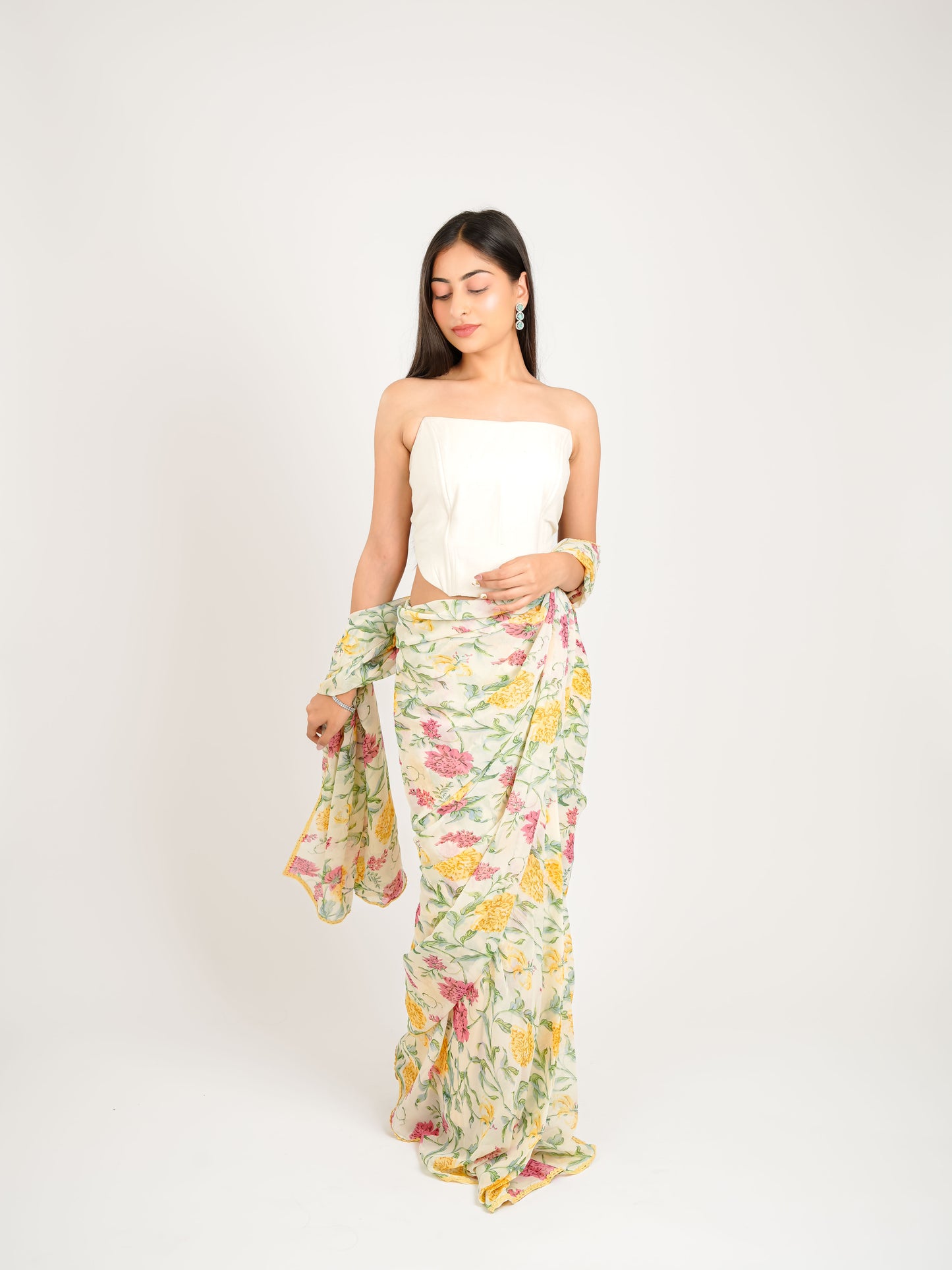 MONOMEE KEYA OFF-WHITE FLORAL PRINTED PRE-DRAPED GEORGETTE SAREE WITH CORSET BLOUSE