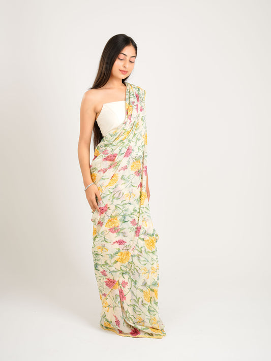 MONOMEE KEYA OFF-WHITE FLORAL PRINTED PRE-DRAPED GEORGETTE SAREE WITH CORSET BLOUSE