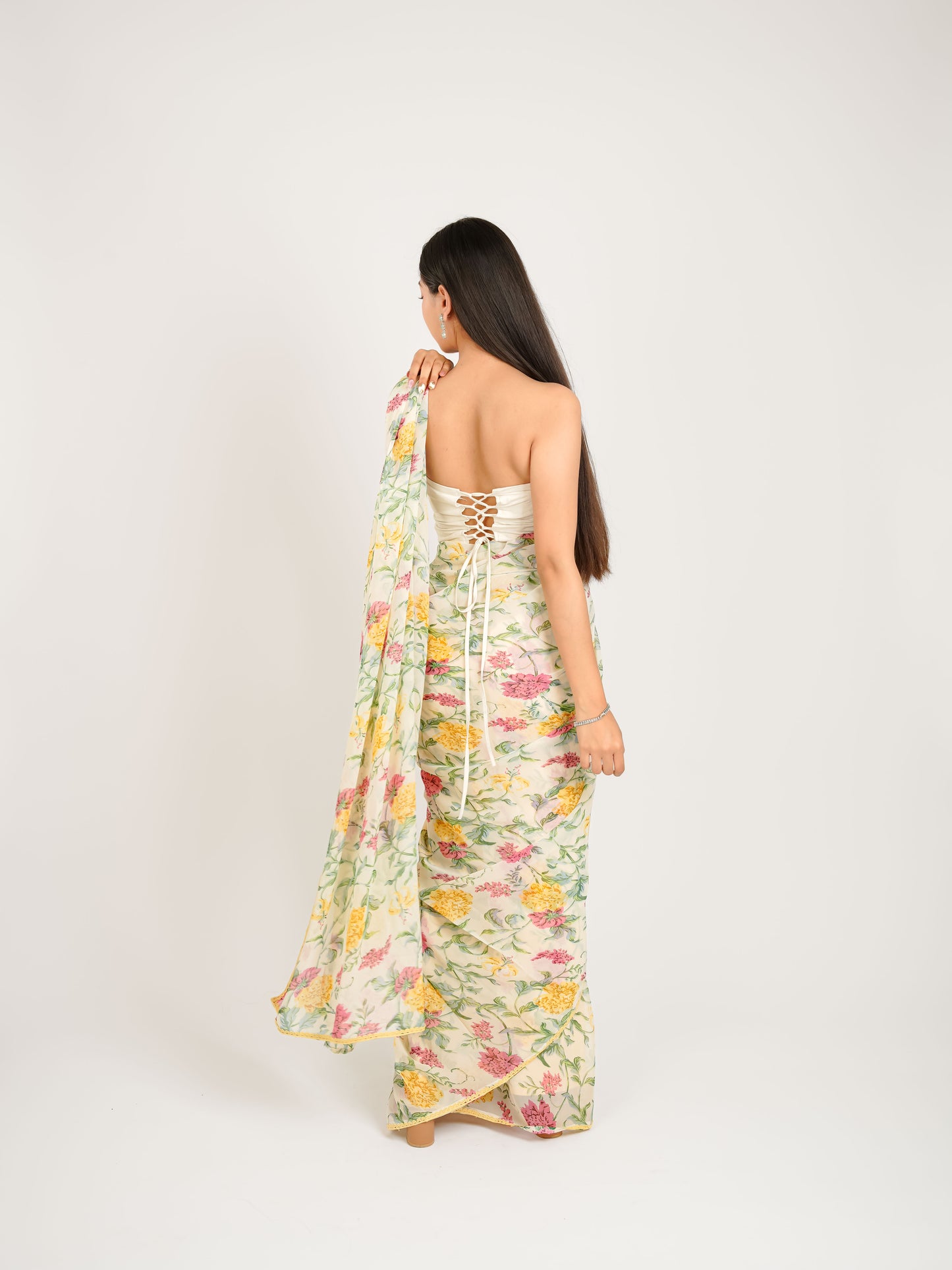 MONOMEE KEYA OFF-WHITE FLORAL PRINTED PRE-DRAPED GEORGETTE SAREE WITH CORSET BLOUSE