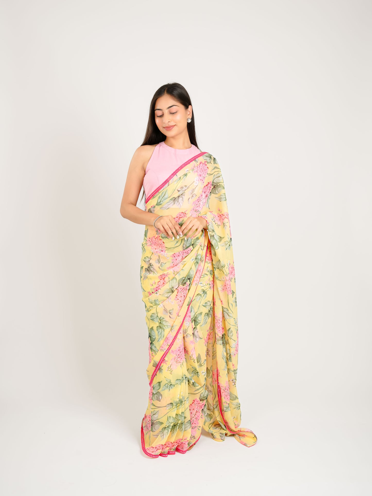 MONOMEE KIARA YELLOW FLORAL PRINTED PRE-DRAPED GEORGETTE SAREE WITH BLOUSE