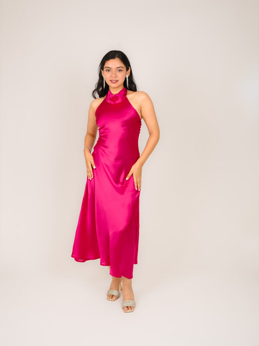 MONOMEE LUCIENNE PINK SATIN HALTER NECK DRESS