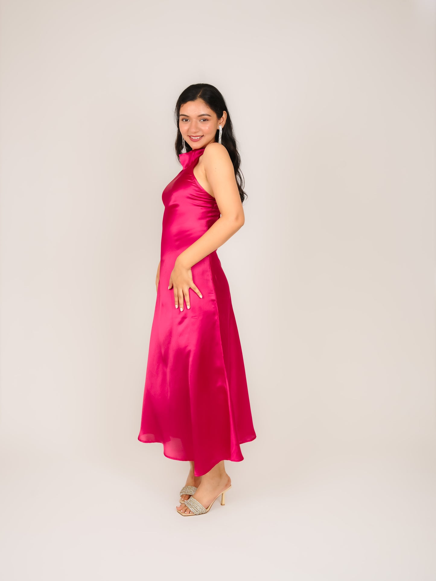 MONOMEE LUCIENNE PINK SATIN HALTER NECK DRESS