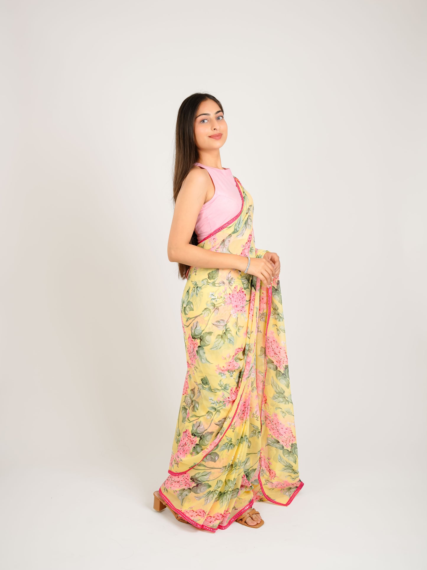 MONOMEE KIARA YELLOW FLORAL PRINTED PRE-DRAPED GEORGETTE SAREE WITH BLOUSE