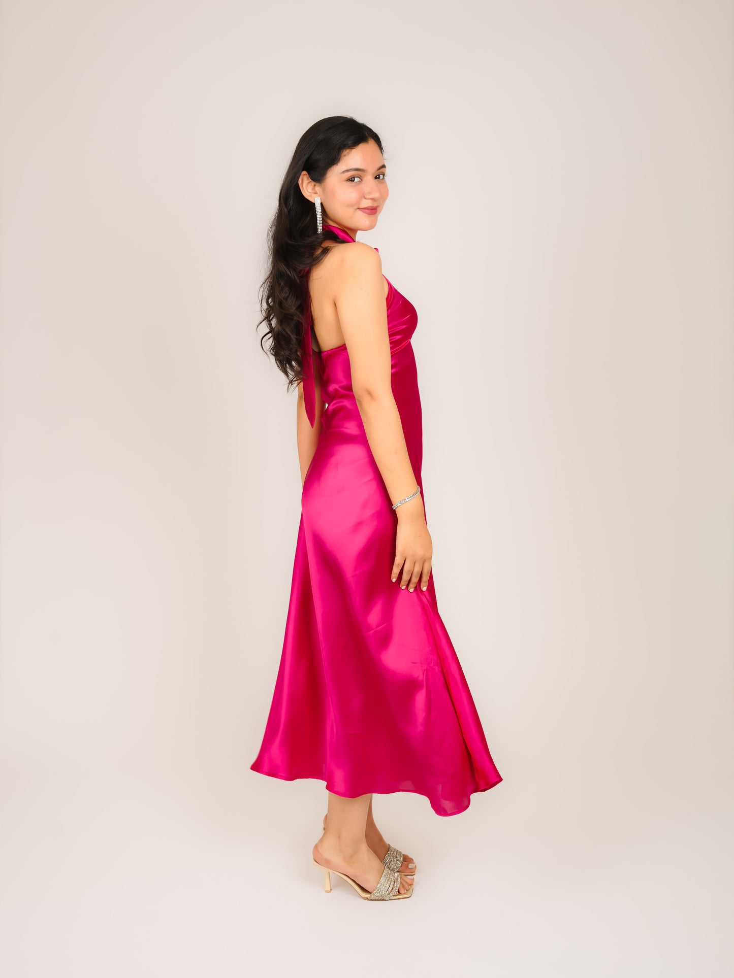 MONOMEE LUCIENNE PINK SATIN HALTER NECK DRESS
