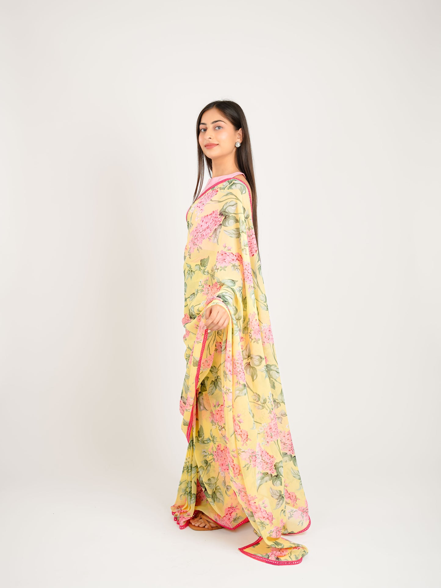 MONOMEE KIARA YELLOW FLORAL PRINTED PRE-DRAPED GEORGETTE SAREE WITH BLOUSE