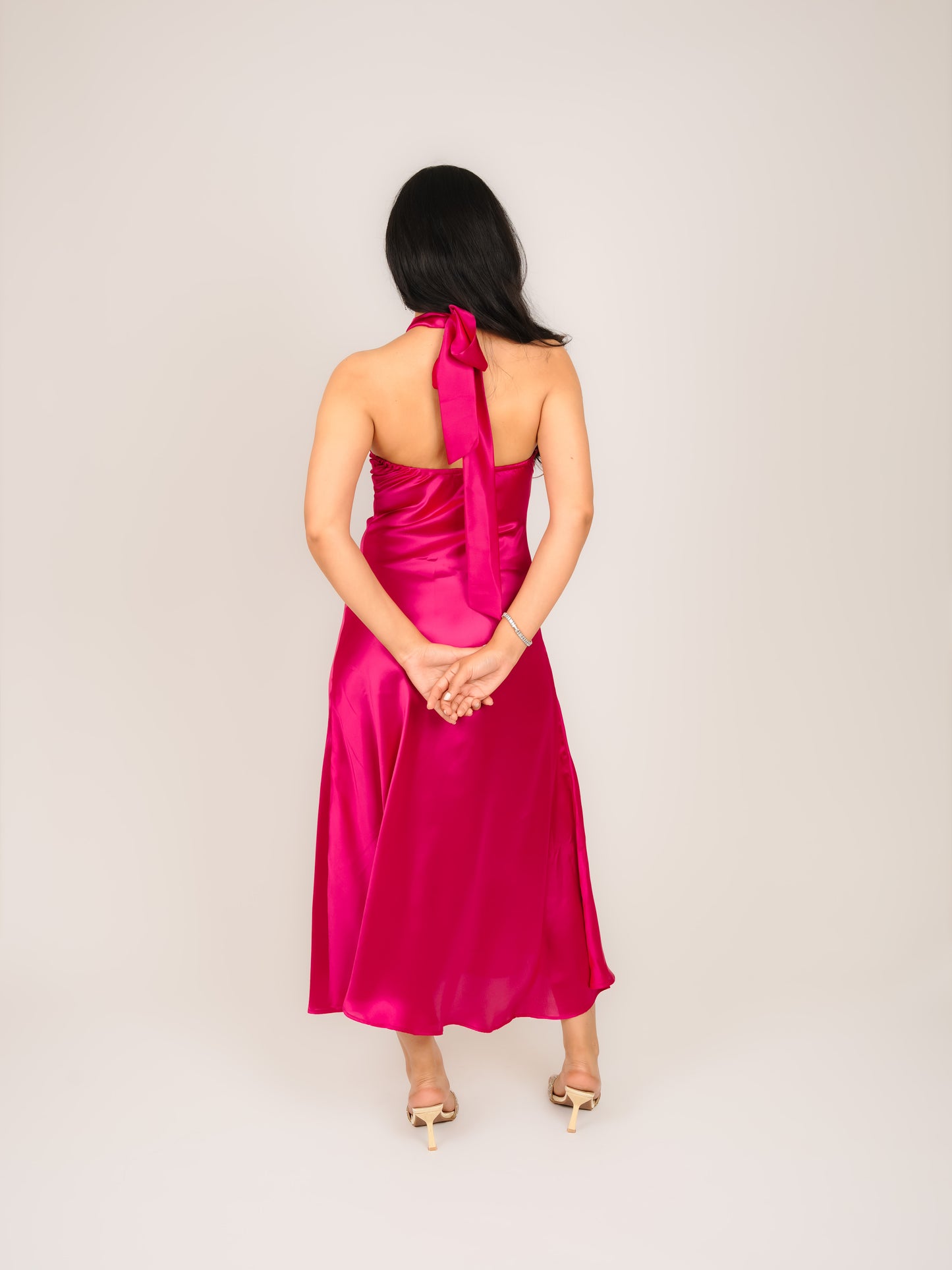 MONOMEE LUCIENNE PINK SATIN HALTER NECK DRESS