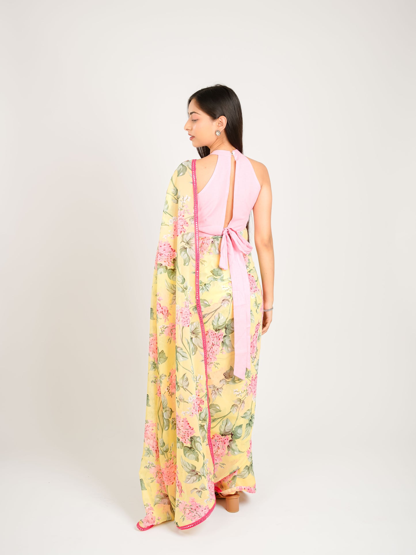 MONOMEE KIARA YELLOW FLORAL PRINTED PRE-DRAPED GEORGETTE SAREE WITH BLOUSE