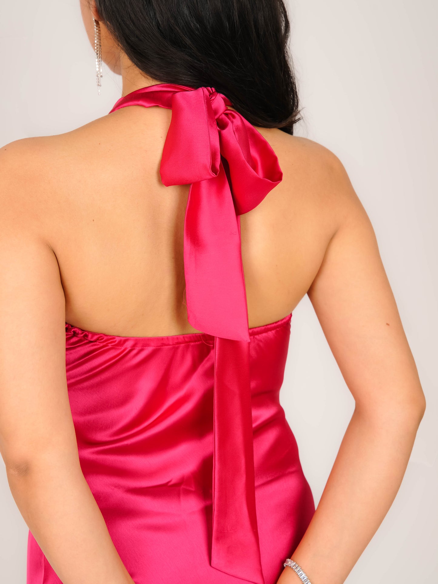 MONOMEE LUCIENNE PINK SATIN HALTER NECK DRESS