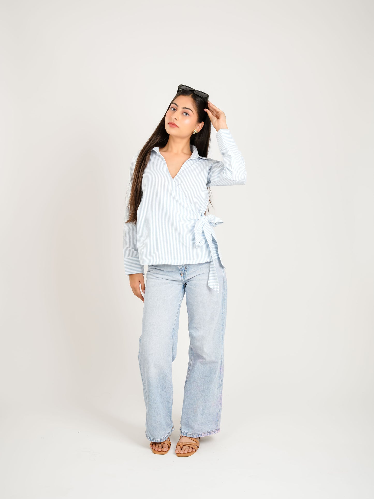 MONOMEE PETRA BLUE STRIPE COLLAR TOP