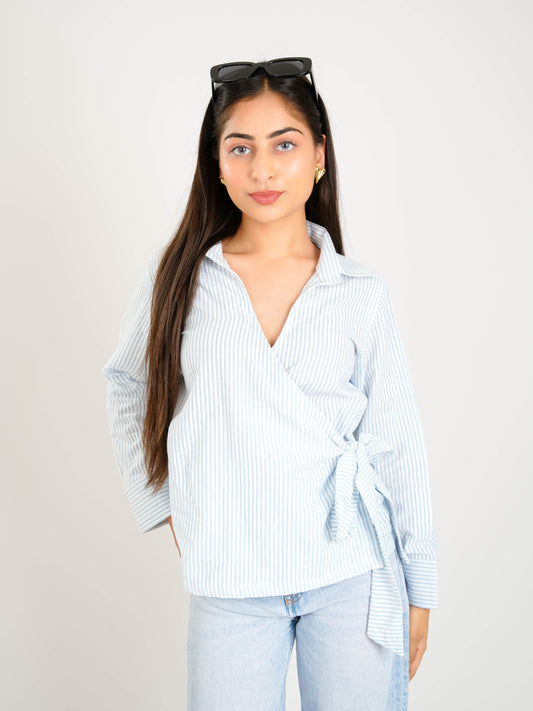 MONOMEE PETRA BLUE STRIPE COLLAR TOP