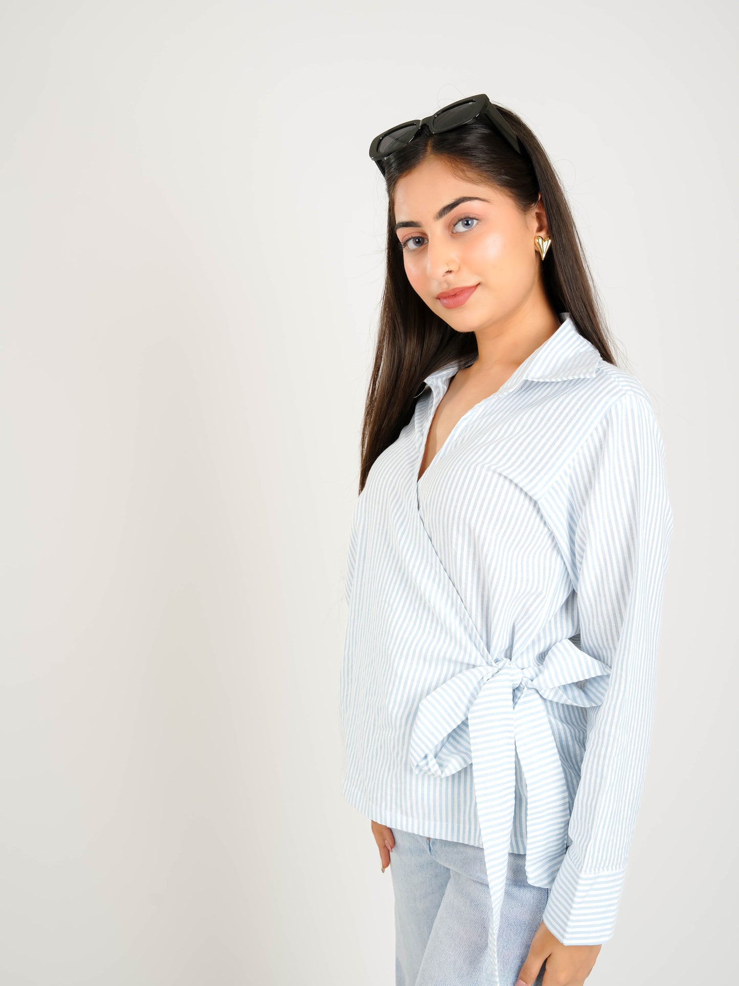 MONOMEE PETRA BLUE STRIPE COLLAR TOP