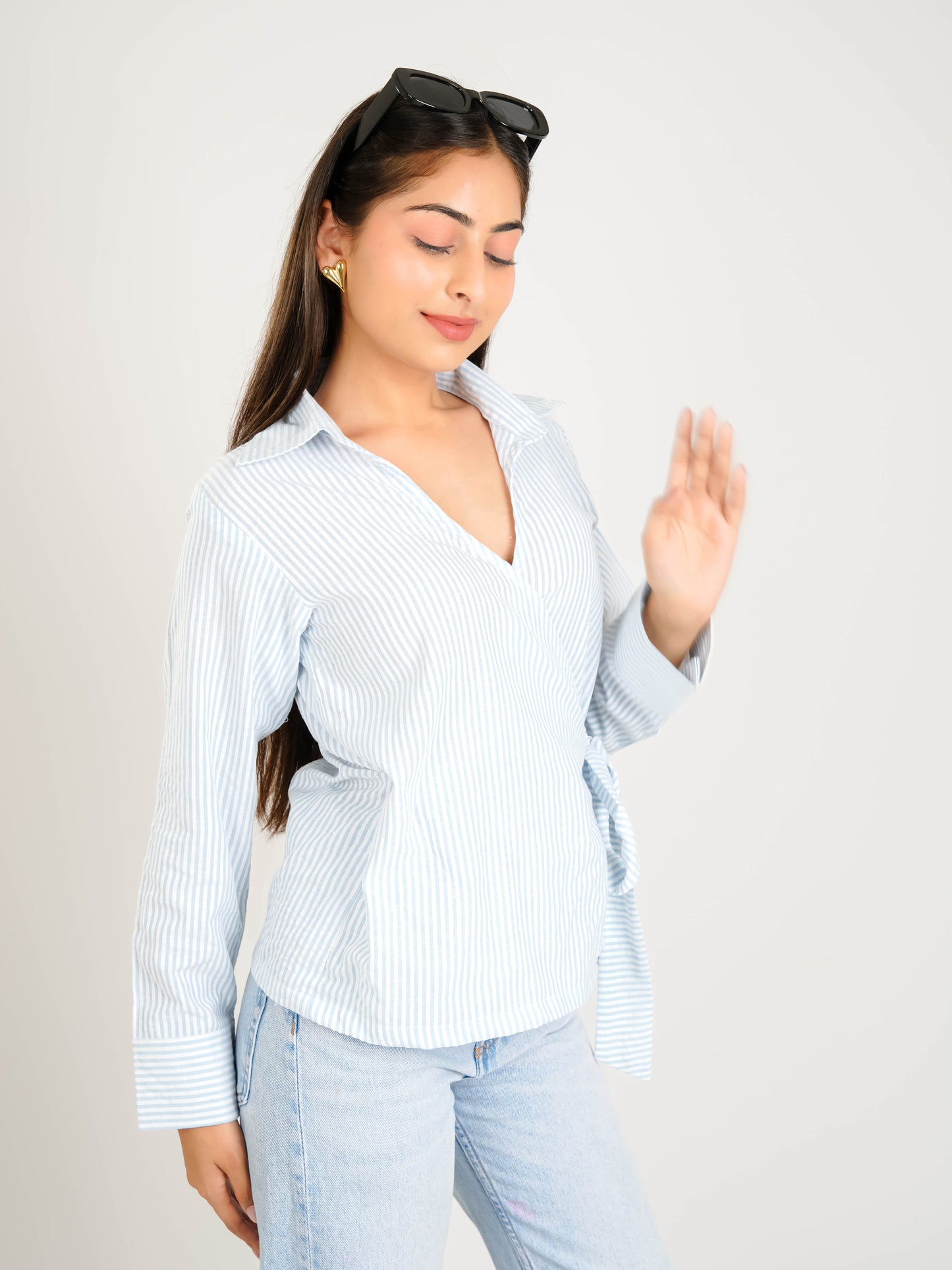 MONOMEE PETRA BLUE STRIPE COLLAR TOP