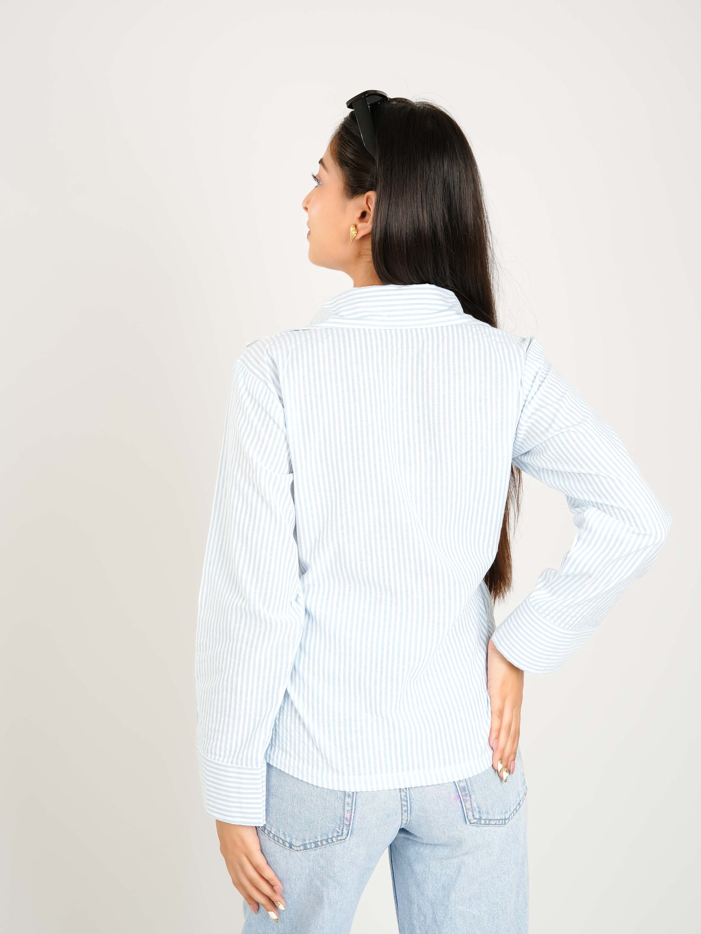 MONOMEE PETRA BLUE STRIPE COLLAR TOP