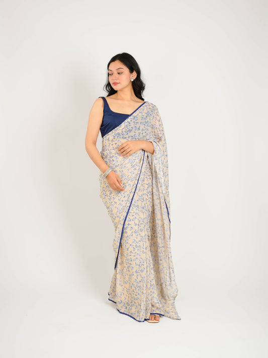 MONOMEE IDA BEIGE FLORAL PRINTED PRE-DRAPED GEORGETTE SAREE WITH BLOUSE