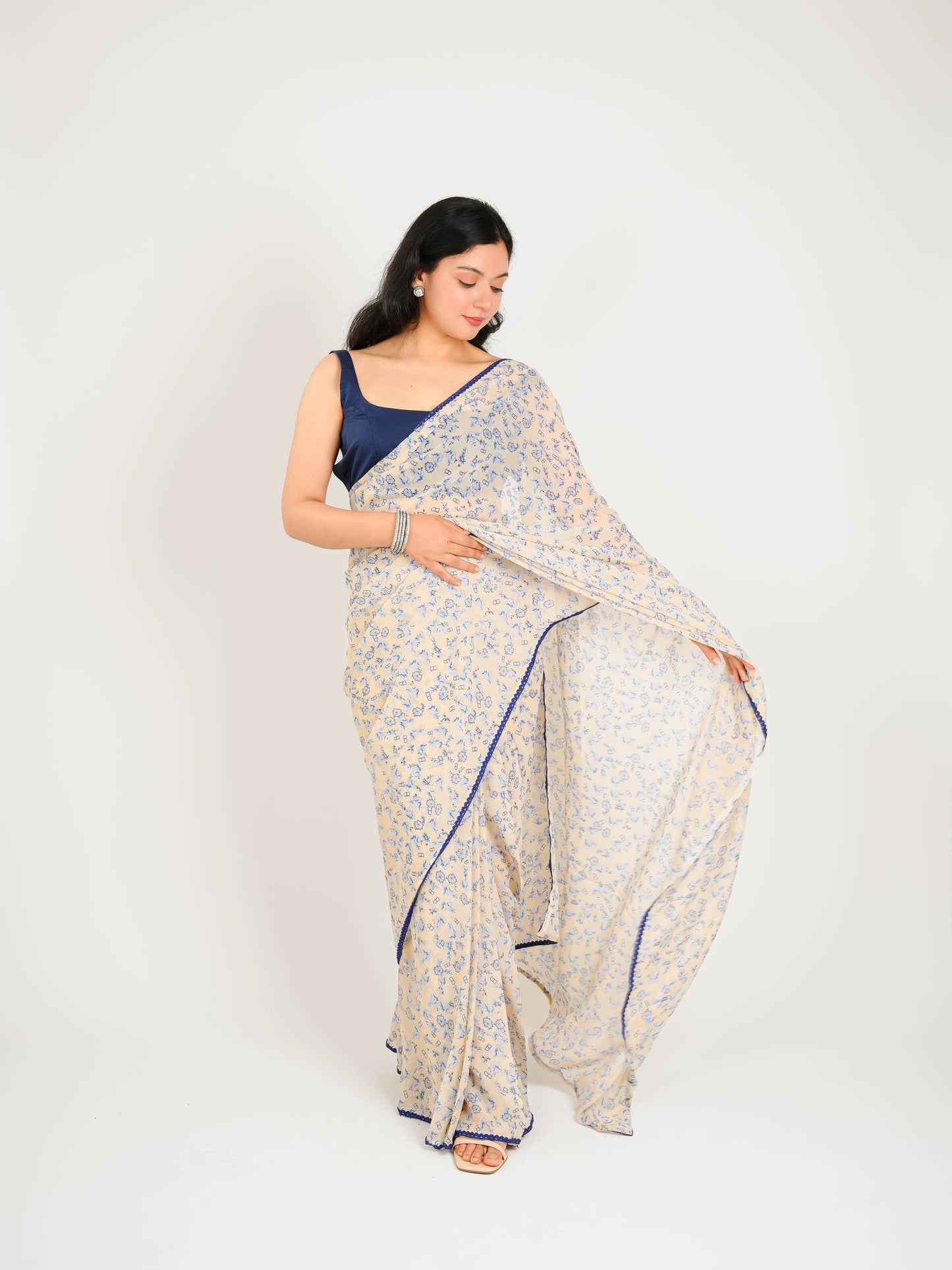 MONOMEE IDA BEIGE FLORAL PRINTED PRE-DRAPED GEORGETTE SAREE WITH BLOUSE