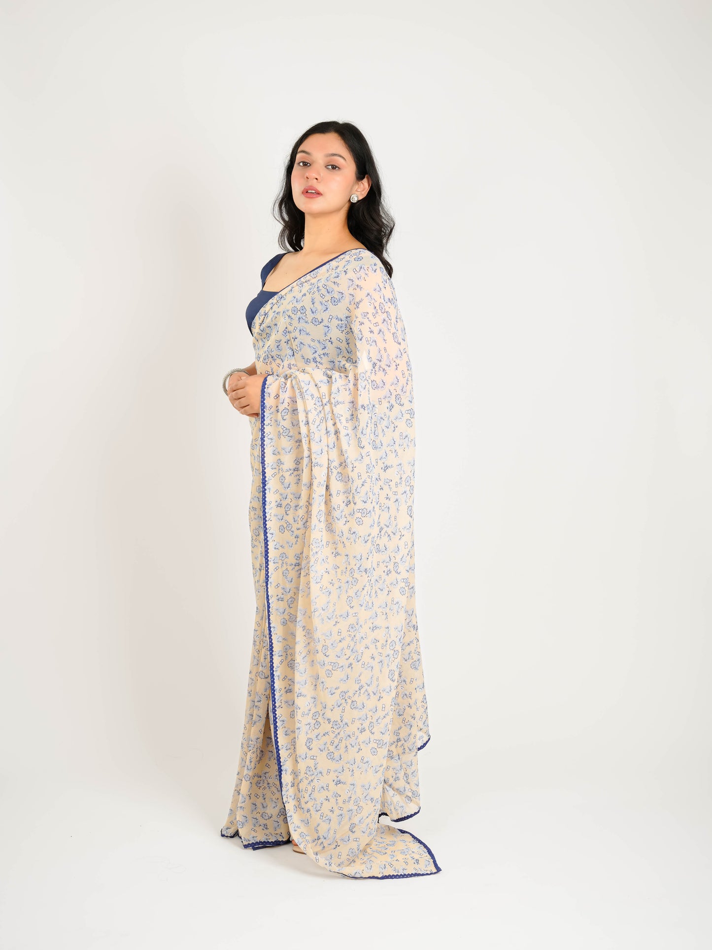 MONOMEE IDA BEIGE FLORAL PRINTED PRE-DRAPED GEORGETTE SAREE WITH BLOUSE