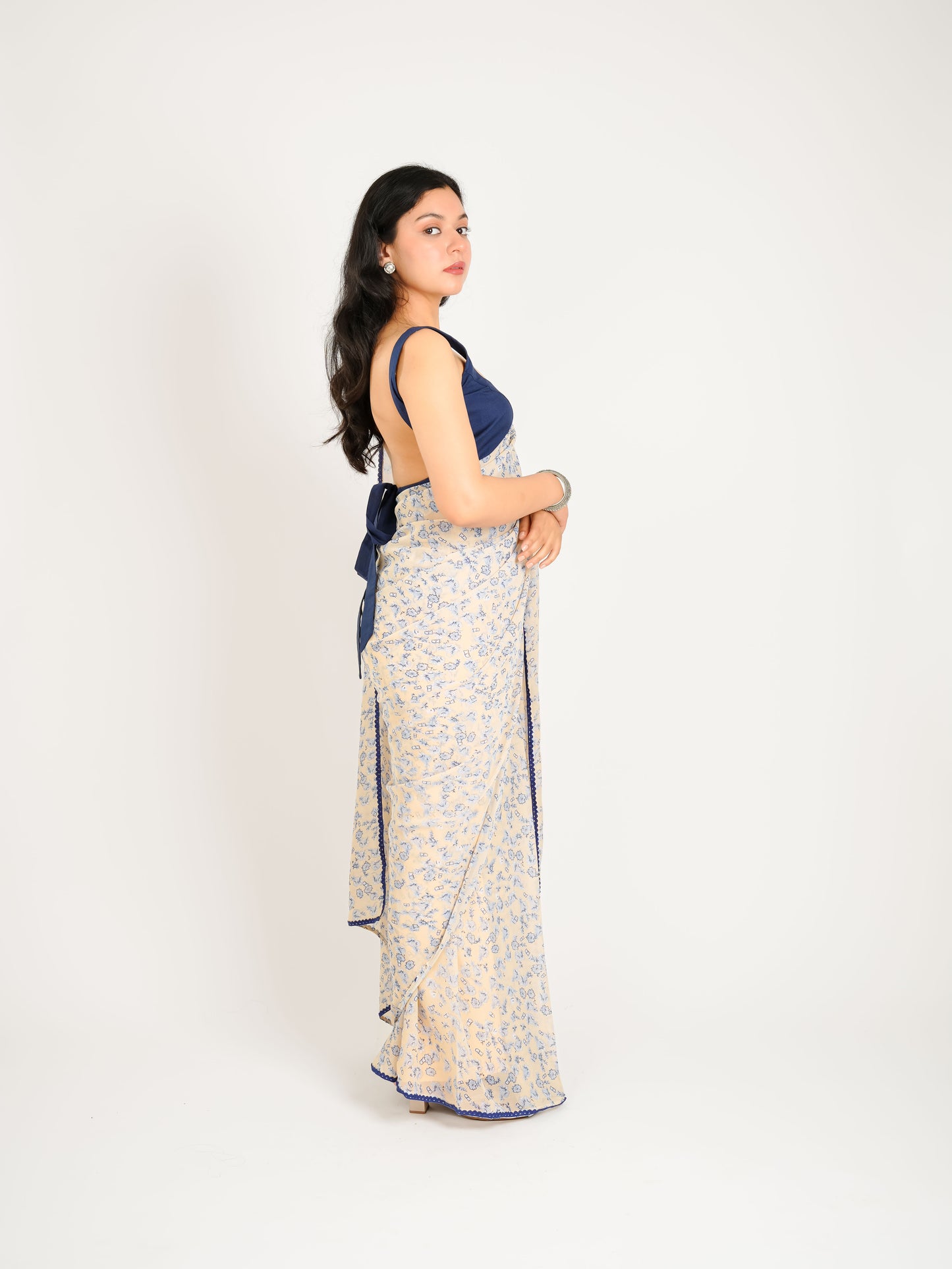 MONOMEE IDA BEIGE FLORAL PRINTED PRE-DRAPED GEORGETTE SAREE WITH BLOUSE